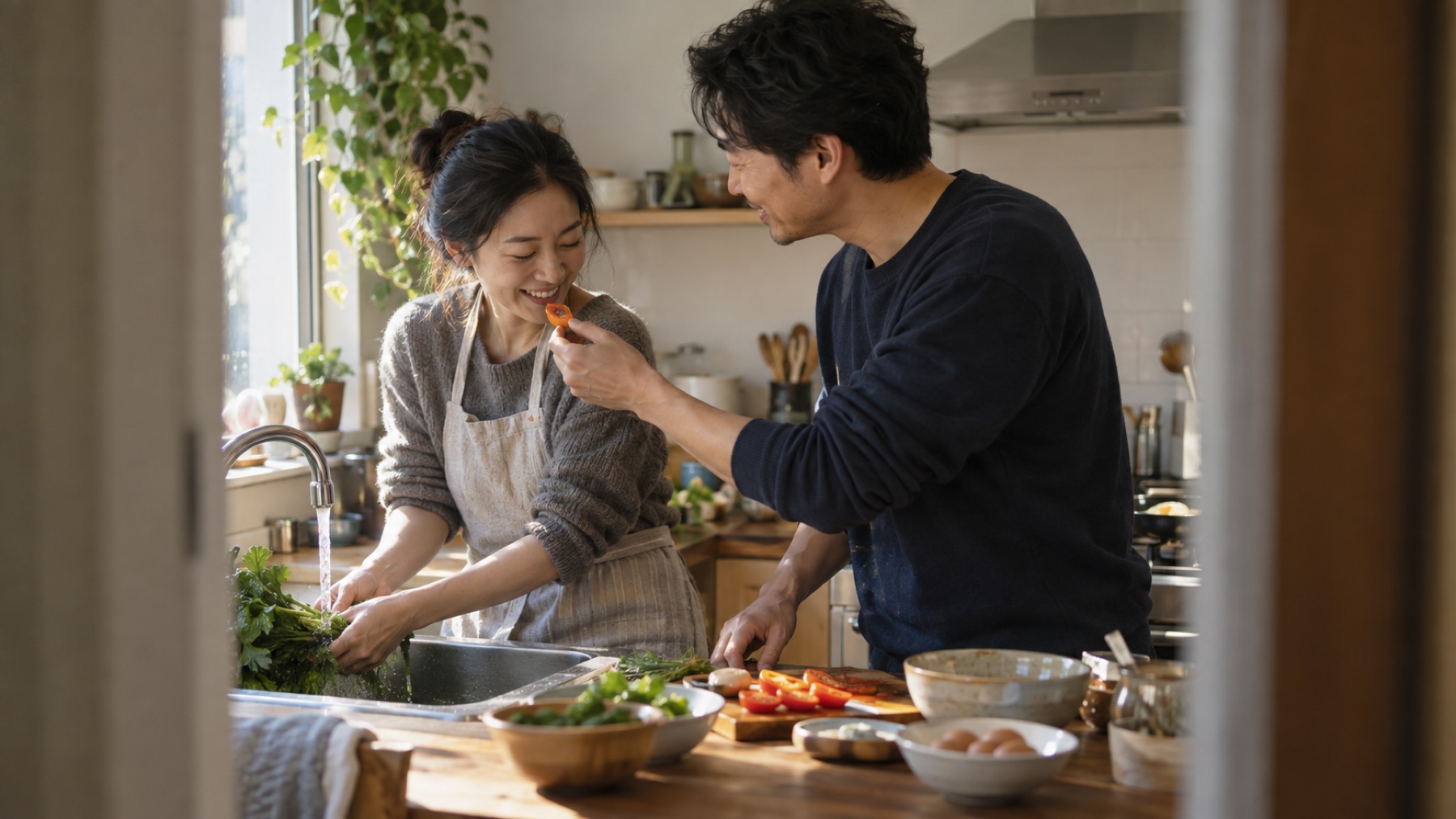 情侣通过共同做早餐自然互动