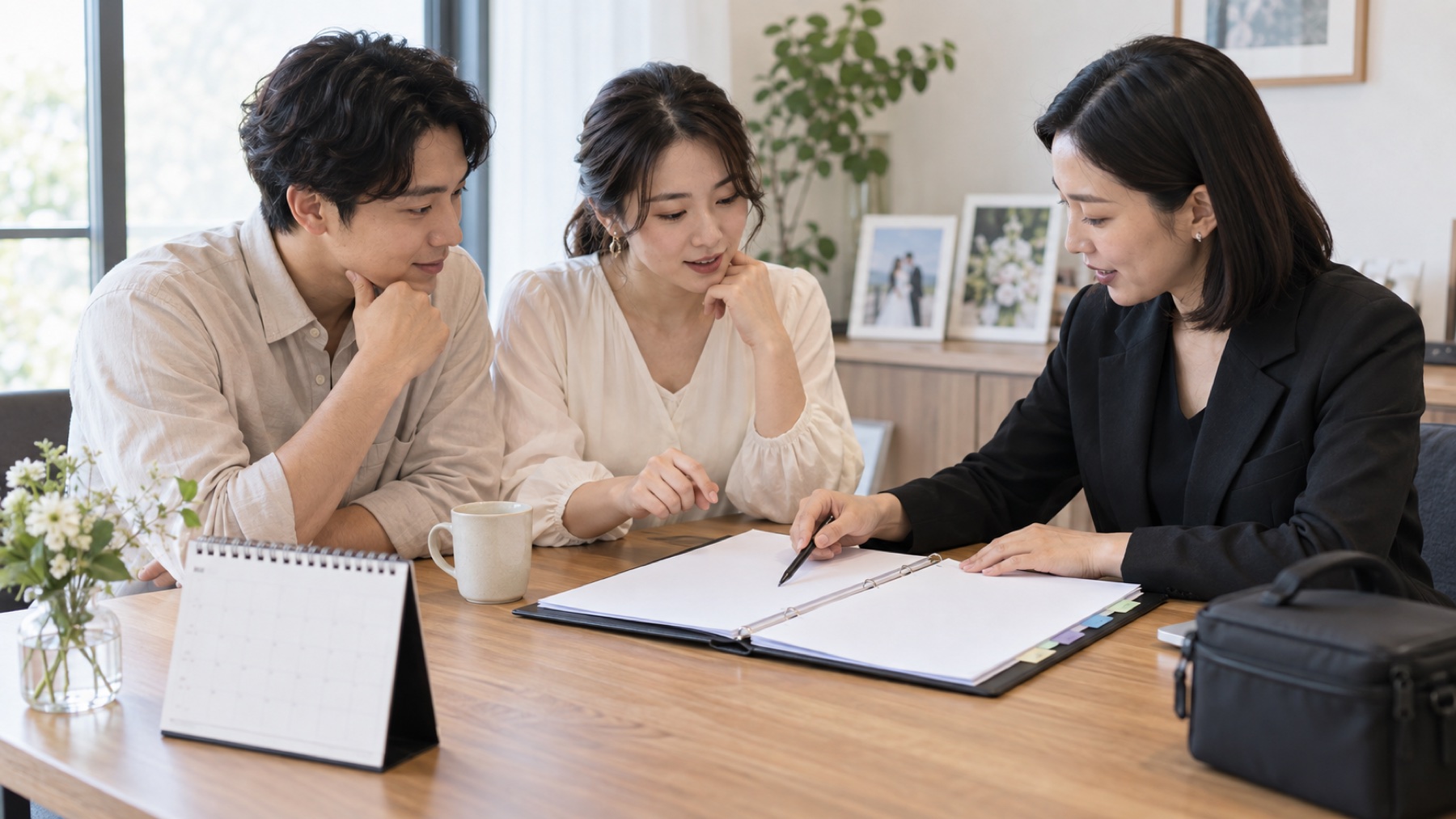 新人和服务方共同核对婚礼服务合同