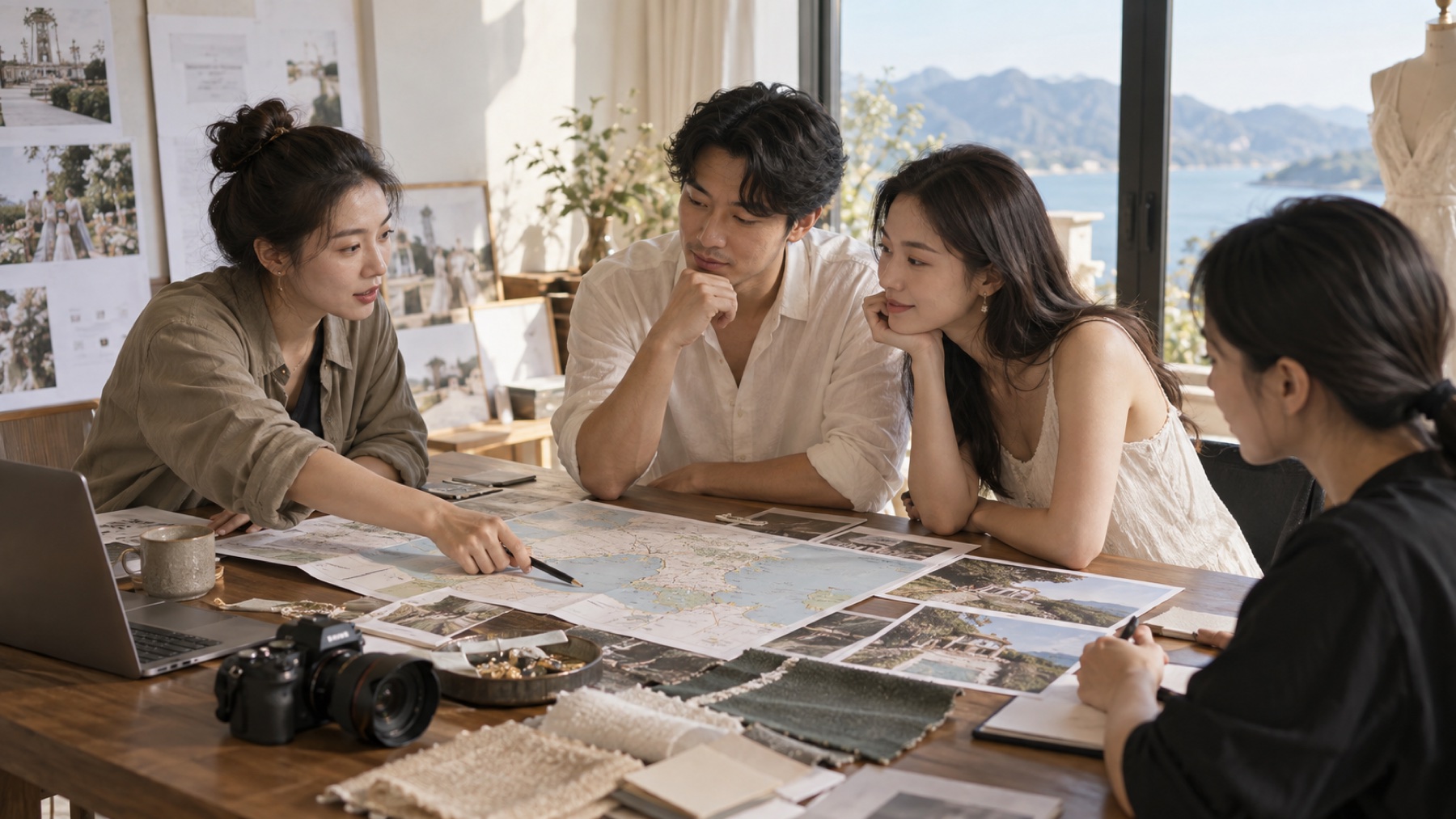 目的地婚礼团队与新人共同核对拍摄计划