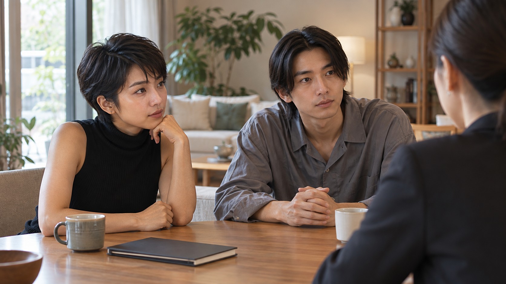 成年情侣与一位协调者围桌沟通，象征让各岗位围绕同一份方案交接。AI生成示意，不代表真实客片或具体服务配置。