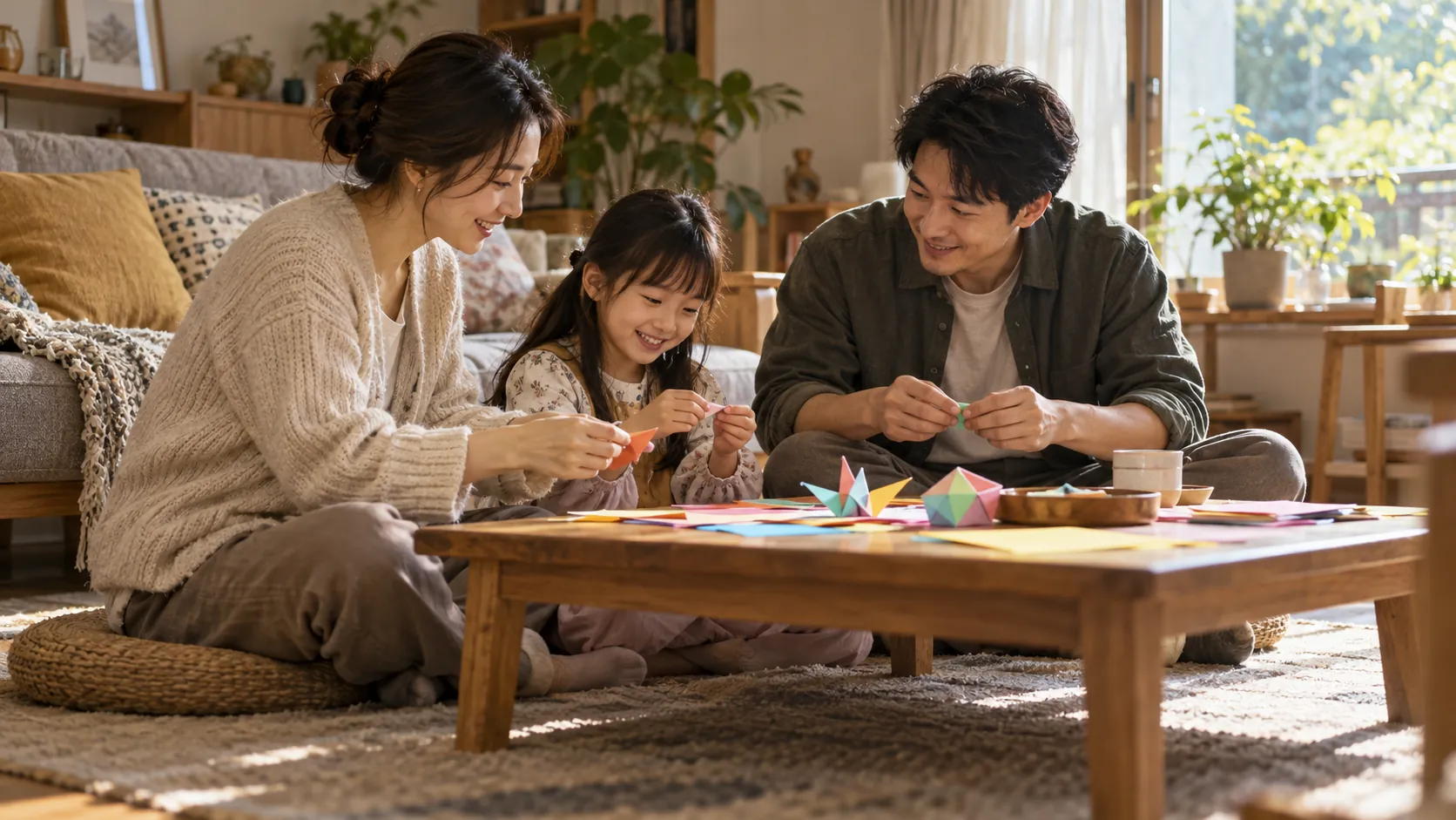 家中，两位便装成年人和一个孩子围着低木桌折彩纸，桌上放着纸制小物，窗边透入自然光。AI生成示意，不代表真实客片或具体服务配置。