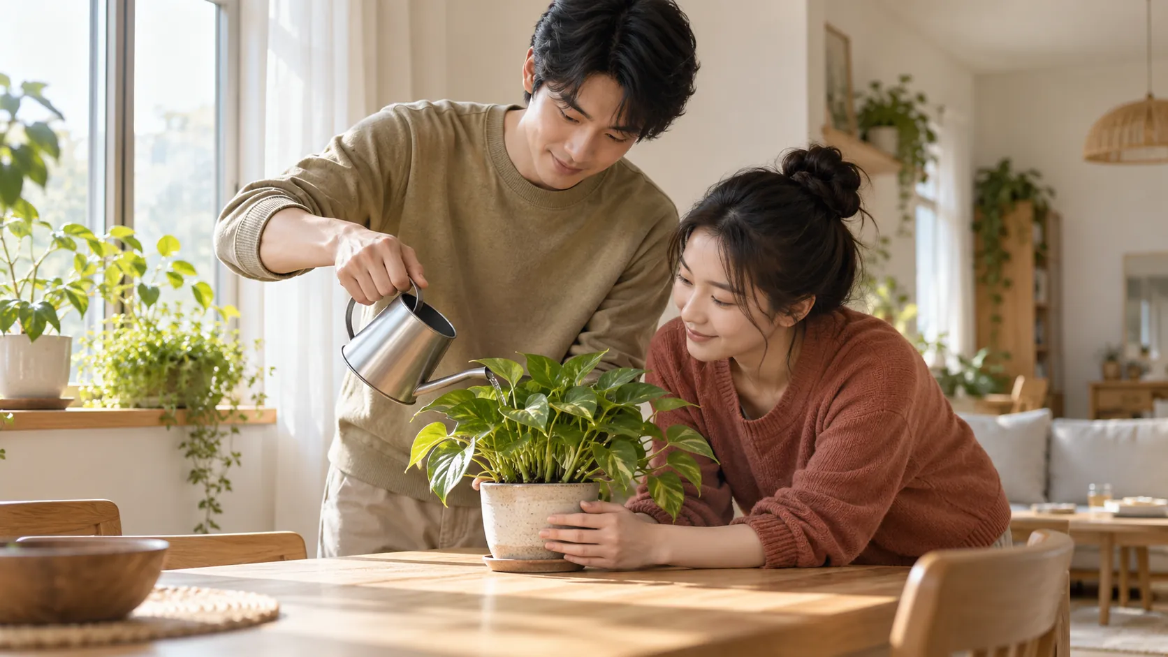两位便装成年人在家中窗边一起照料绿植，一人用素色金属壶浇水，另一人扶着花盆。AI生成示意，不代表真实客片或具体服务配置。