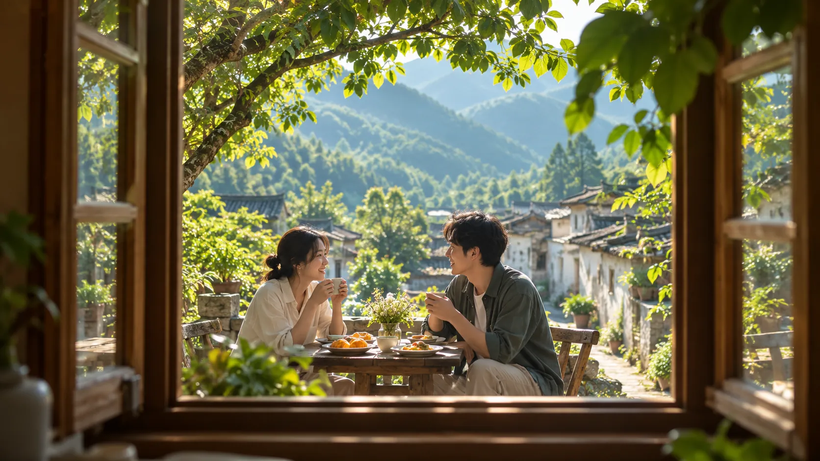 两位便装成年人在树荫下的庭院围桌用餐，背景是瓦顶建筑和山景。AI生成示意，不代表真实客片或具体服务配置。