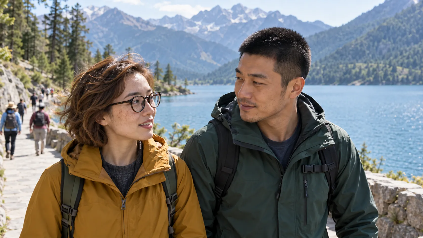 戴圆框眼镜、留浅棕短发的成年女性与寸头成年男性在湖边交流，远处可见其他游客，示意在公共环境里寻找自然的两人画面。 AI生成示意，不代表真实客片或具体服务配置。