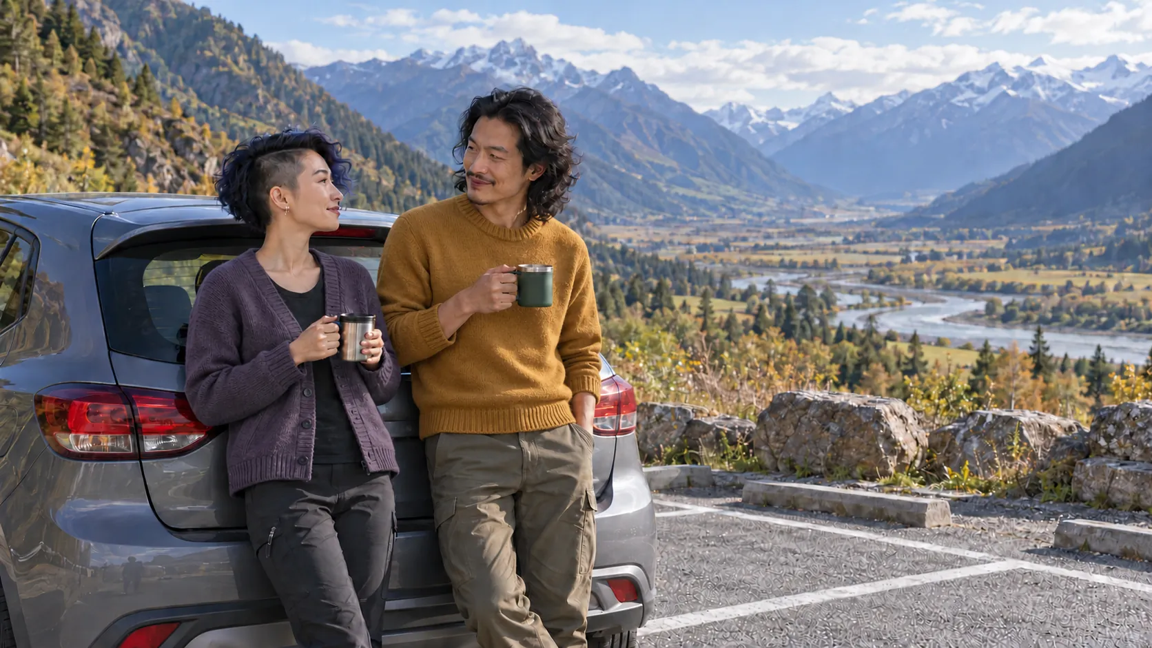 留短卷侧剃发型的成年女性与长发留胡子的成年男性在停车区喝水交谈，示意将安全休息纳入旅程。 AI生成示意，不代表真实客片或具体服务配置。
