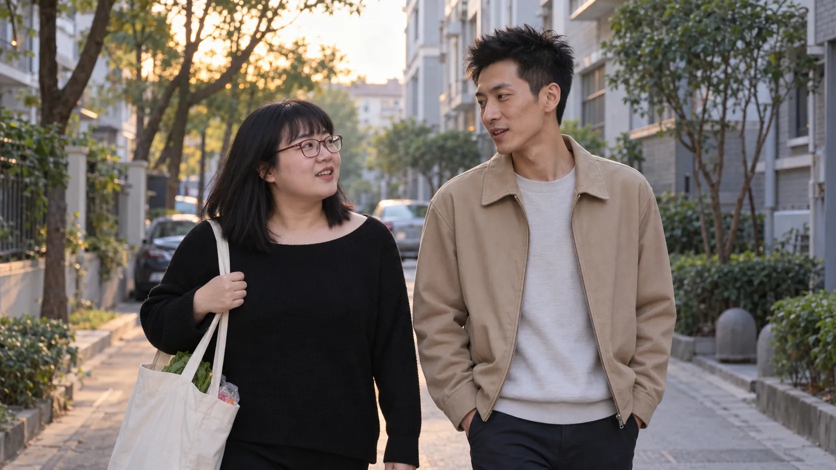 齐刘海、戴酒红眼镜的成年女性与短发成年男性在熟悉的街巷边走边聊，示意让日常生活成为双城故事的一部分。 AI生成示意，不代表真实客片或具体服务配置。