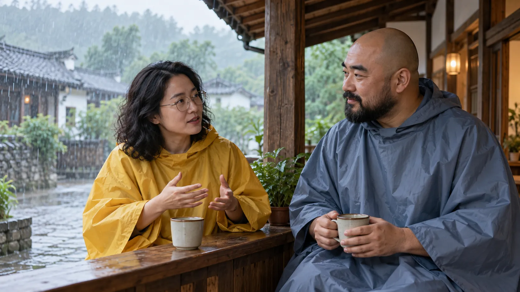 戴银色眼镜、留自然卷发的成年女性与光头留胡须的成年男性穿素色雨披在檐下交流,示意下雨时一起商量拍摄安排。 AI生成示意,不代表真实客片或具体服务配置。