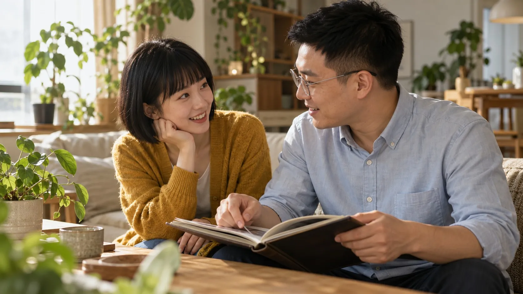 两位成年人在家里共看素色相册,交流希望记录什么。 AI生成示意,不代表真实客片、客户经历或具体服务配置。
