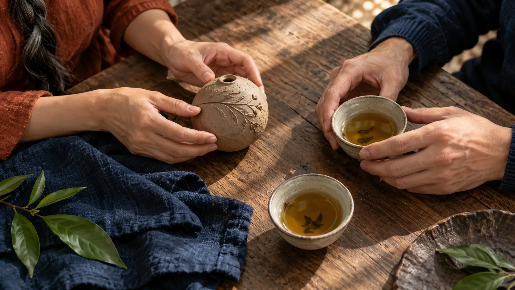 陶制小物、手部、茶碗与布料的近景,表现能进入电影的个人生活细节。 AI生成示意,不代表真实客片、客户经历或具体服务配置。